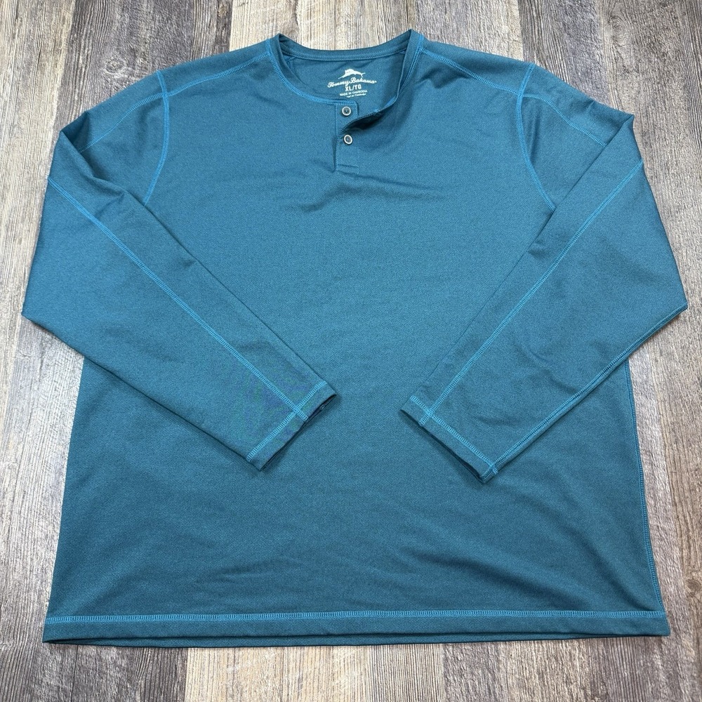 Tommy Bahama Paradise Street Henley Shirt Mens XL Teal Long Sleeve Performance
